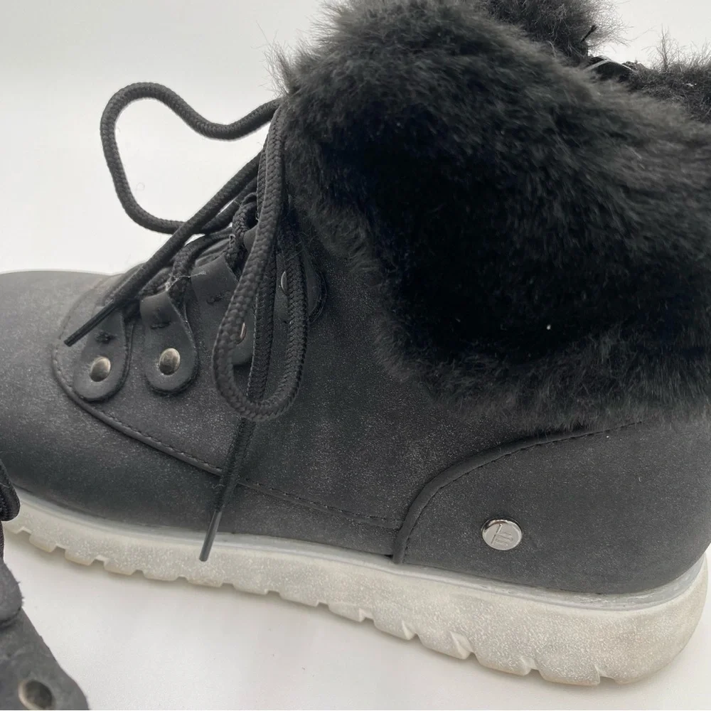 London‎ Fog Faux Fur Trim Full Lace Up Winter Boots Ankle Booties Black Size 6